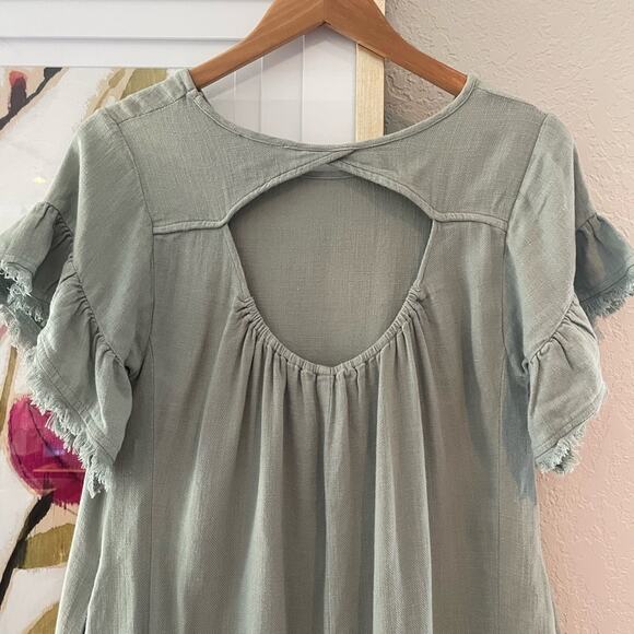 NEW Umgee Linen Becca Green Fringed Swing Mini Dress Babydoll Cut Out Summer - Picture 2 of 8